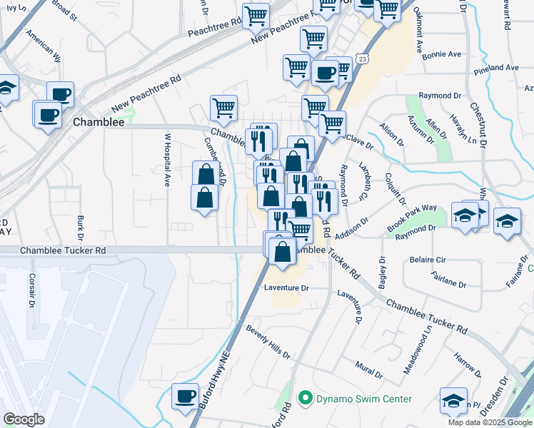 map of restaurants, bars, coffee shops, grocery stores, and more near 4980 Buford Highway Northeast in Atlanta