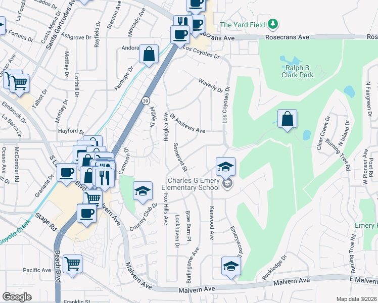 map of restaurants, bars, coffee shops, grocery stores, and more near 8371 Fox Hills Avenue in Buena Park