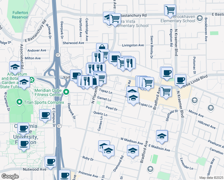 map of restaurants, bars, coffee shops, grocery stores, and more near 3020 Yorba Linda Boulevard in Fullerton
