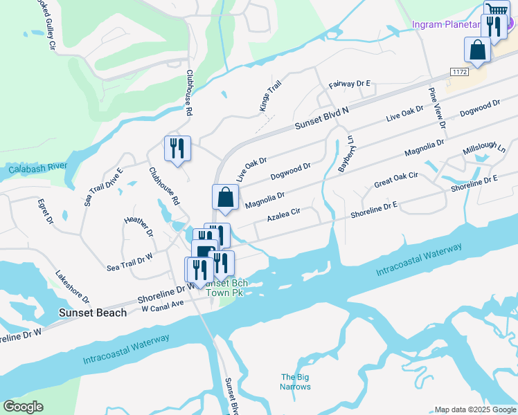 map of restaurants, bars, coffee shops, grocery stores, and more near 210 Magnolia Drive in Sunset Beach
