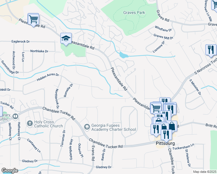 map of restaurants, bars, coffee shops, grocery stores, and more near 3434 Pleasantdale Road in Atlanta