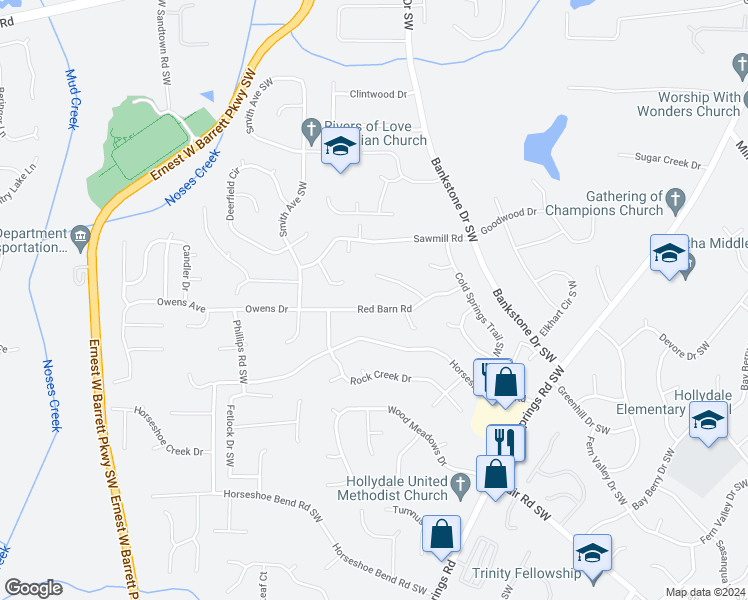 map of restaurants, bars, coffee shops, grocery stores, and more near 2466 Red Barn Road in Marietta