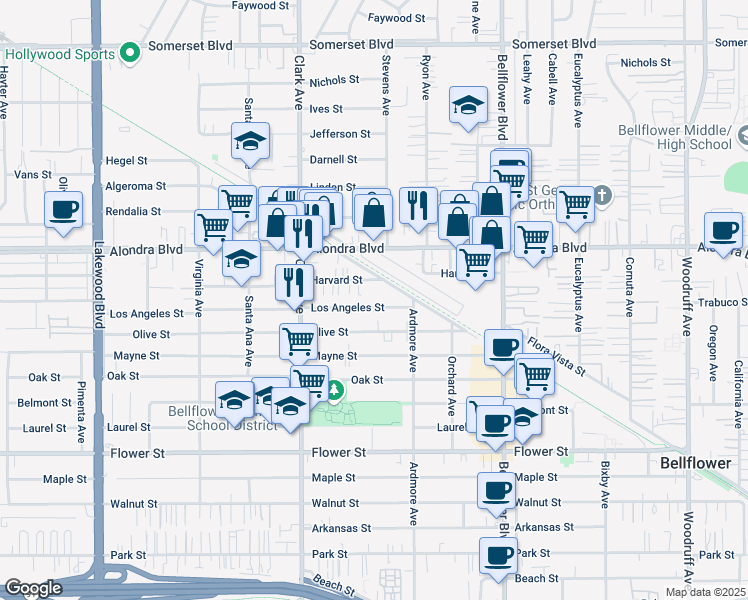 map of restaurants, bars, coffee shops, grocery stores, and more near 9522 Harvard Street in Bellflower