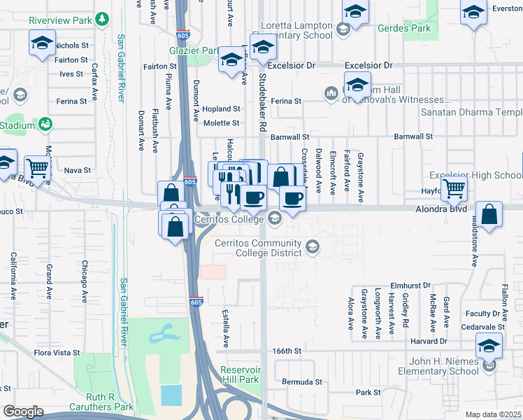 map of restaurants, bars, coffee shops, grocery stores, and more near Alondra Blvd & Studebaker Rd in Norwalk