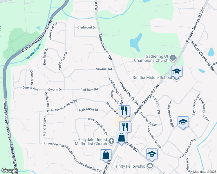 map of restaurants, bars, coffee shops, grocery stores, and more near 2366 Red Barn Road in Marietta