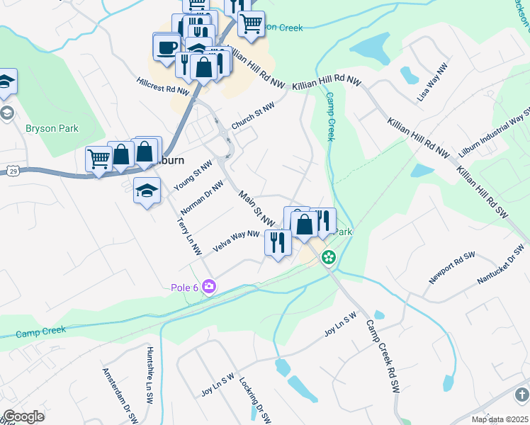 map of restaurants, bars, coffee shops, grocery stores, and more near 156 Main Street Northwest in Lilburn