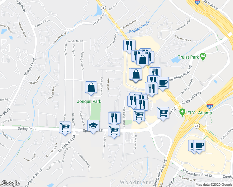 map of restaurants, bars, coffee shops, grocery stores, and more near 1009 Afton Way in Smyrna