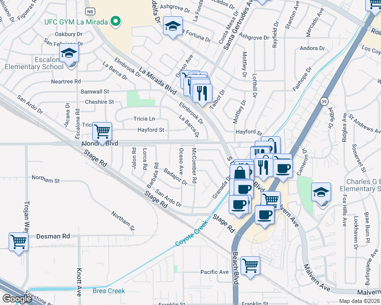map of restaurants, bars, coffee shops, grocery stores, and more near 5041 McComber Road in Buena Park