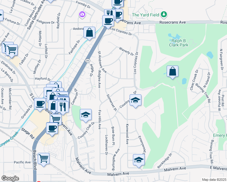 map of restaurants, bars, coffee shops, grocery stores, and more near 8371 Fox Hills Avenue in Buena Park