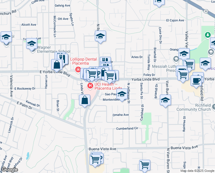 map of restaurants, bars, coffee shops, grocery stores, and more near 1228 East Yorba Linda Boulevard in Placentia