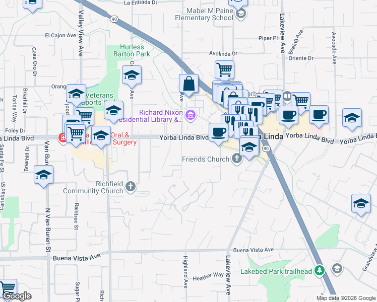 map of restaurants, bars, coffee shops, grocery stores, and more near 5076 Ruth Way in Yorba Linda