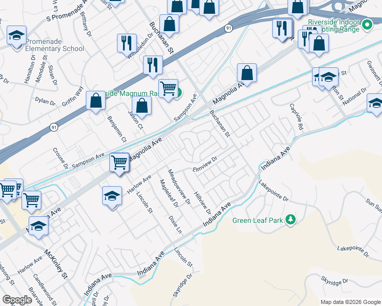 map of restaurants, bars, coffee shops, grocery stores, and more near in Riverside