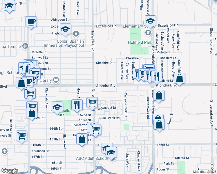 map of restaurants, bars, coffee shops, grocery stores, and more near 15903 Disney Avenue in Norwalk