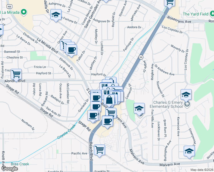 map of restaurants, bars, coffee shops, grocery stores, and more near 26 Freeman Lane in Buena Park