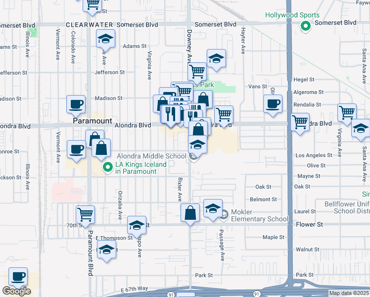 map of restaurants, bars, coffee shops, grocery stores, and more near 15959 Downey Avenue in Paramount