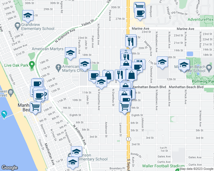 map of restaurants, bars, coffee shops, grocery stores, and more near 935 Manhattan Beach Boulevard in Redondo Beach