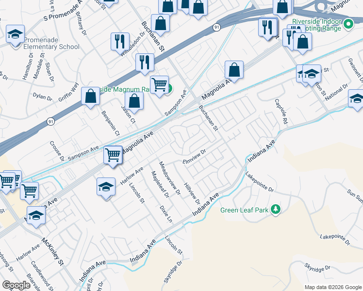 map of restaurants, bars, coffee shops, grocery stores, and more near 3700 Buchanan Street in Riverside