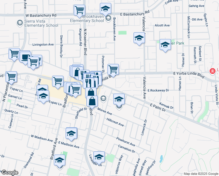 map of restaurants, bars, coffee shops, grocery stores, and more near 351 East Palm Drive in Placentia