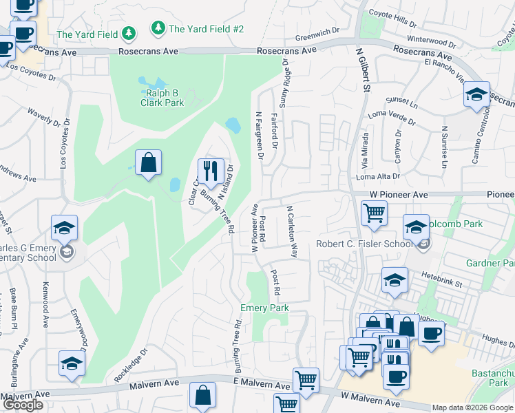 map of restaurants, bars, coffee shops, grocery stores, and more near 1501 North Fairgreen Drive in Fullerton