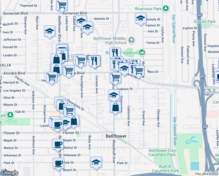 map of restaurants, bars, coffee shops, grocery stores, and more near 16115 Woodruff Avenue in Bellflower