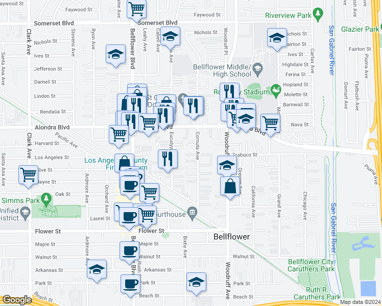 map of restaurants, bars, coffee shops, grocery stores, and more near 16119 Cornuta Avenue in Bellflower