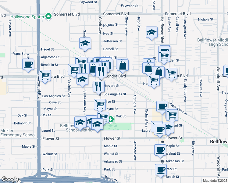 map of restaurants, bars, coffee shops, grocery stores, and more near 9444 Harvard Street in Bellflower