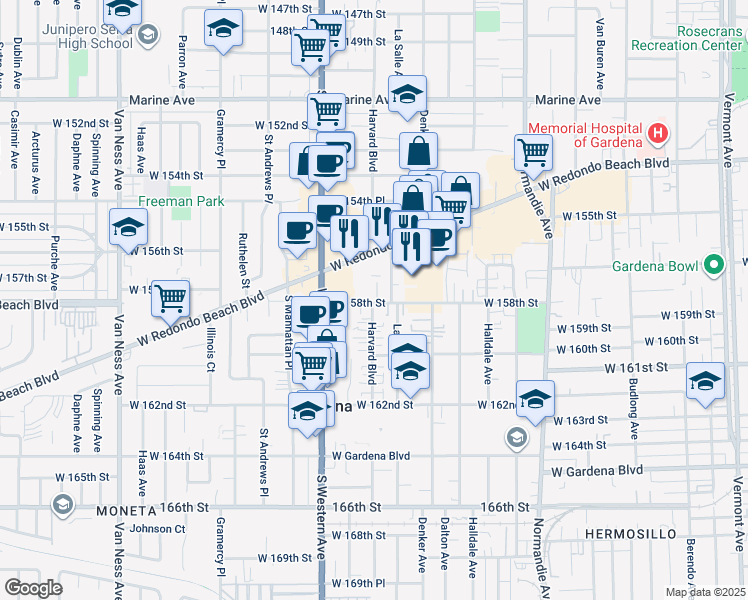 map of restaurants, bars, coffee shops, grocery stores, and more near 15729 La Salle Avenue in Gardena