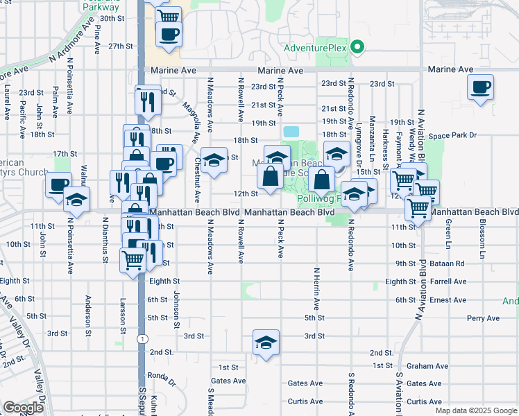map of restaurants, bars, coffee shops, grocery stores, and more near 1420 12th Street in Manhattan Beach