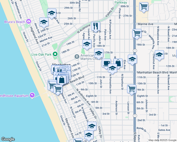 map of restaurants, bars, coffee shops, grocery stores, and more near 4 Arbolado Court in Manhattan Beach