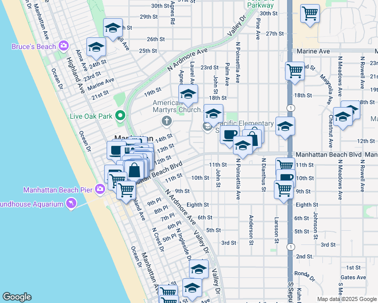 map of restaurants, bars, coffee shops, grocery stores, and more near 4 Arbolado Court in Manhattan Beach