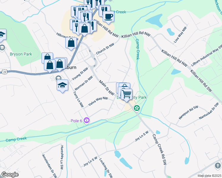map of restaurants, bars, coffee shops, grocery stores, and more near 156 Main Street Northwest in Lilburn