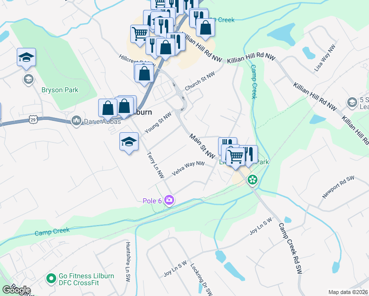 map of restaurants, bars, coffee shops, grocery stores, and more near 182 Maurice Drive Northwest in Lilburn