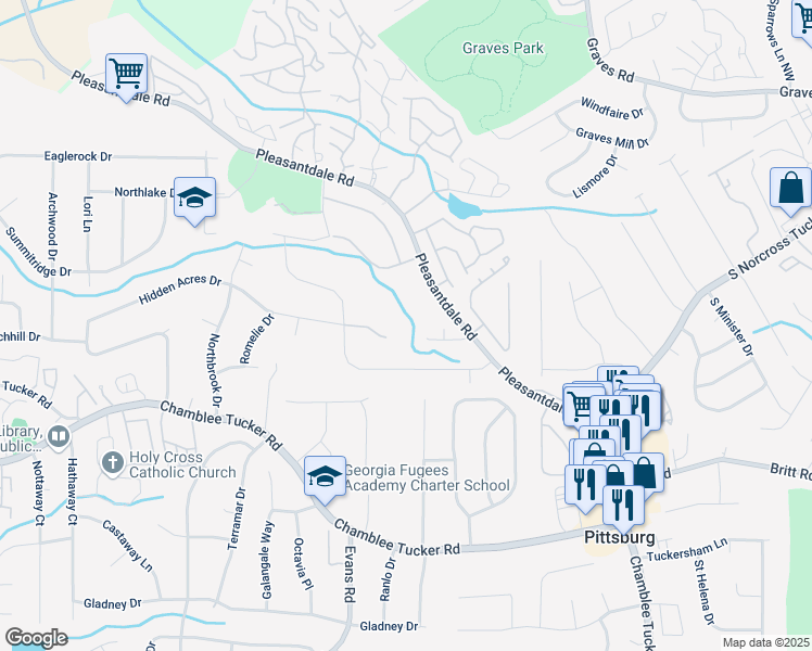 map of restaurants, bars, coffee shops, grocery stores, and more near 3434 Pleasantdale Road in Atlanta