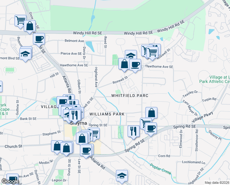 map of restaurants, bars, coffee shops, grocery stores, and more near 1507 Whitfield Street in Smyrna