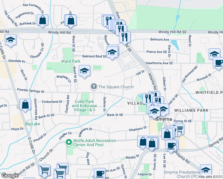 map of restaurants, bars, coffee shops, grocery stores, and more near 2685 Grady Street in Smyrna