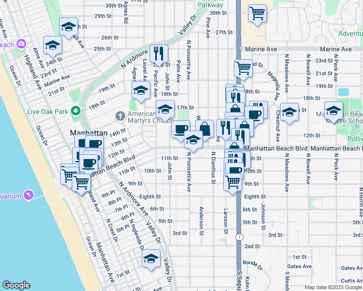 map of restaurants, bars, coffee shops, grocery stores, and more near 875 Manhattan Beach Boulevard in Manhattan Beach