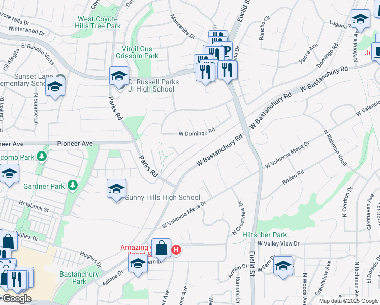 map of restaurants, bars, coffee shops, grocery stores, and more near 1638 North Peacock Lane in Fullerton