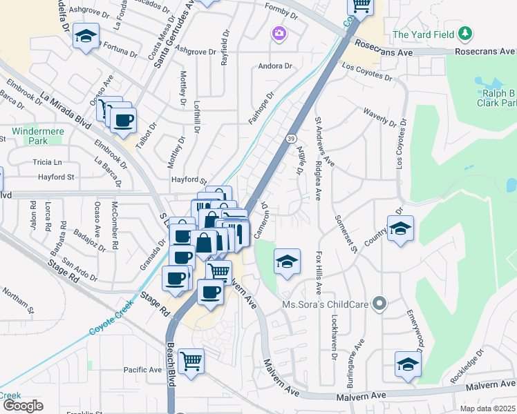 map of restaurants, bars, coffee shops, grocery stores, and more near in Buena Park
