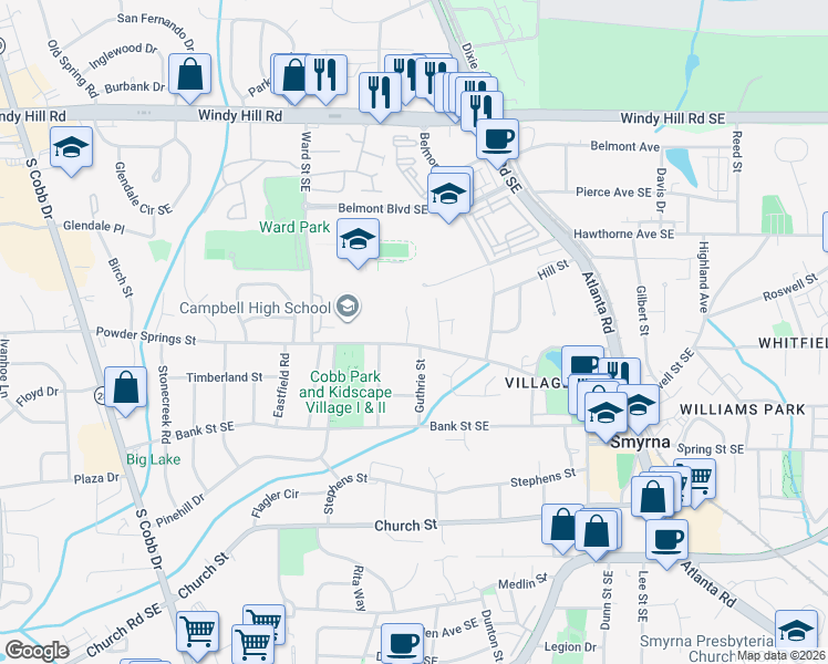 map of restaurants, bars, coffee shops, grocery stores, and more near 1041 Powder Springs Street in Smyrna