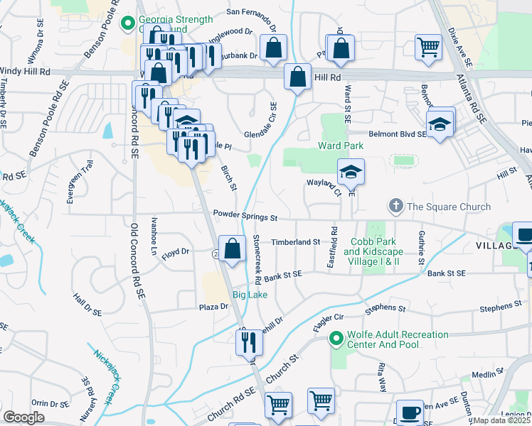 map of restaurants, bars, coffee shops, grocery stores, and more near 727 Powder Springs Street in Smyrna