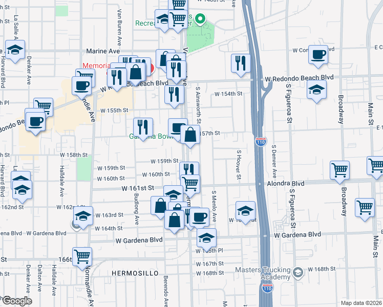 map of restaurants, bars, coffee shops, grocery stores, and more near 15824 South Vermont Avenue in Gardena