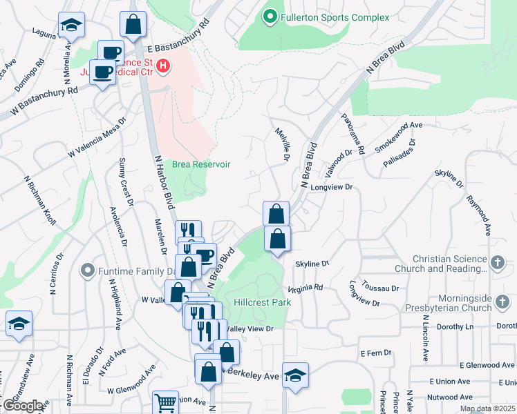 map of restaurants, bars, coffee shops, grocery stores, and more near 113 Helen Drive in Fullerton