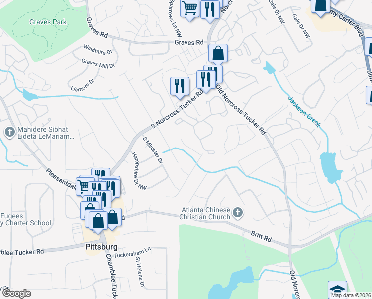 map of restaurants, bars, coffee shops, grocery stores, and more near 1156 Timothy Terrace in Tucker