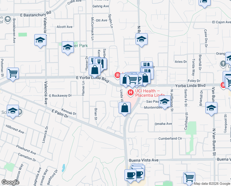 map of restaurants, bars, coffee shops, grocery stores, and more near 1050 Linda Vista Street in Yorba Linda