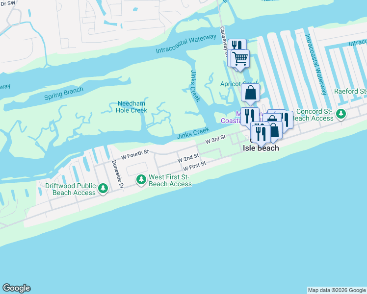 map of restaurants, bars, coffee shops, grocery stores, and more near 32 West Fourth Street in Ocean Isle Beach