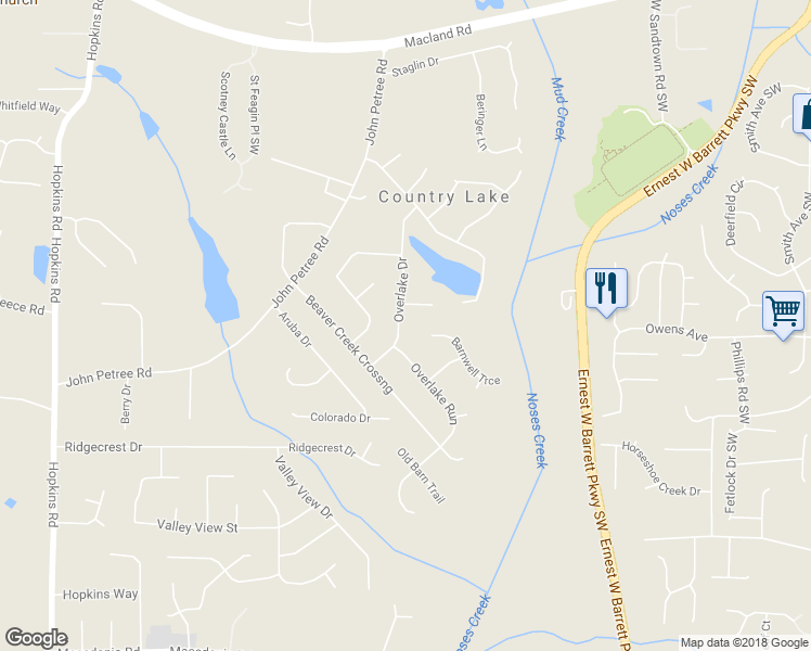 map of restaurants, bars, coffee shops, grocery stores, and more near 2575 Overlake Drive in Powder Springs