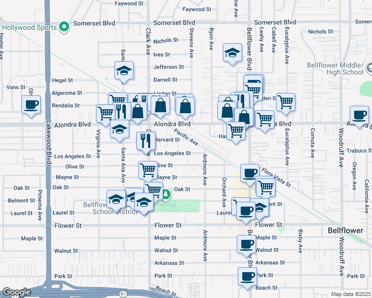 map of restaurants, bars, coffee shops, grocery stores, and more near 9527 Los Angeles Street in Bellflower