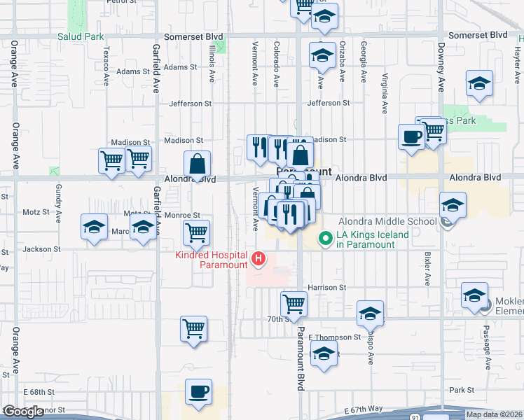 map of restaurants, bars, coffee shops, grocery stores, and more near 15938 Vermont Avenue in Paramount