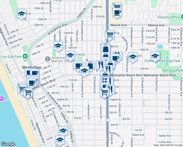 map of restaurants, bars, coffee shops, grocery stores, and more near 1148 Walnut Avenue in Manhattan Beach