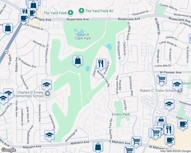 map of restaurants, bars, coffee shops, grocery stores, and more near 1653 Clear Creek Drive in Buena Park